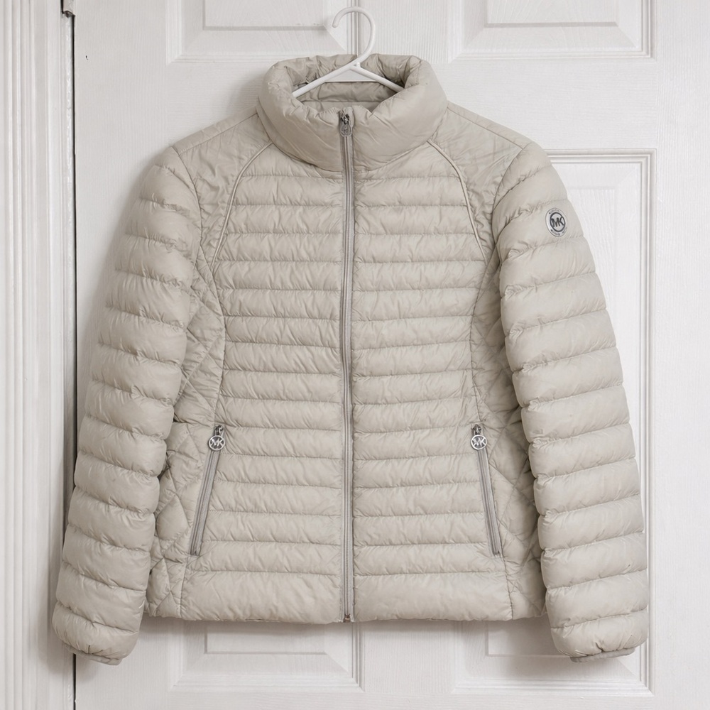 Michael Kors Packable Down Puffer Jacket Women’s L Beige Lightweight Zip - Picture 2 of 10